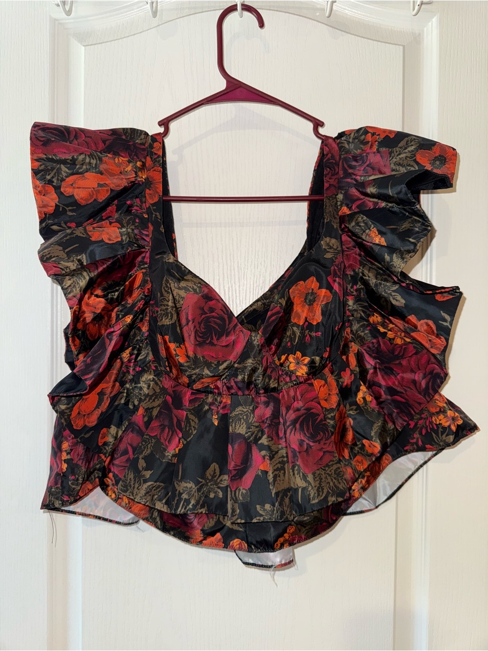 Buddy Love Black Floral Ruffle V-Neck Top with Red and Orange Blooms